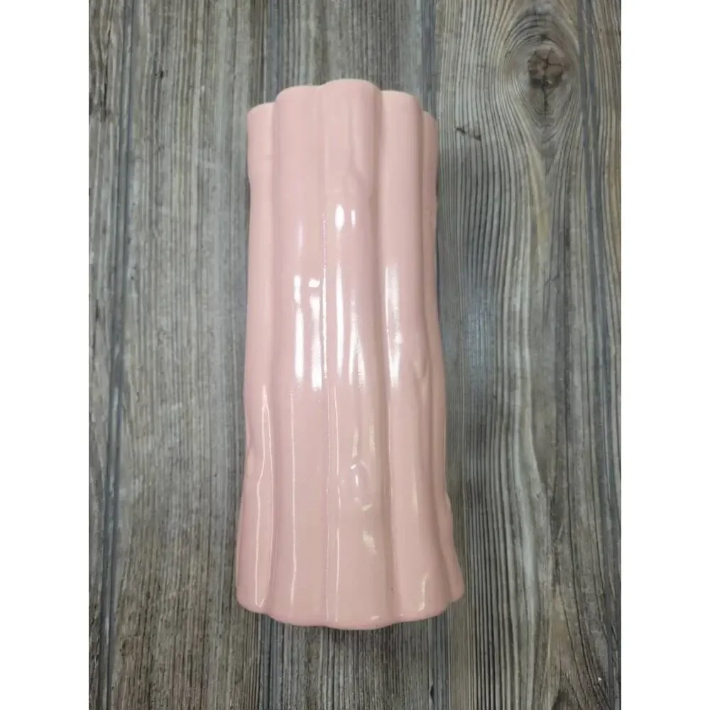 Vintage Pink Vase, Ceramic Bamboo Cylinder, 9-3/8" Tall - Picture 2 of 4